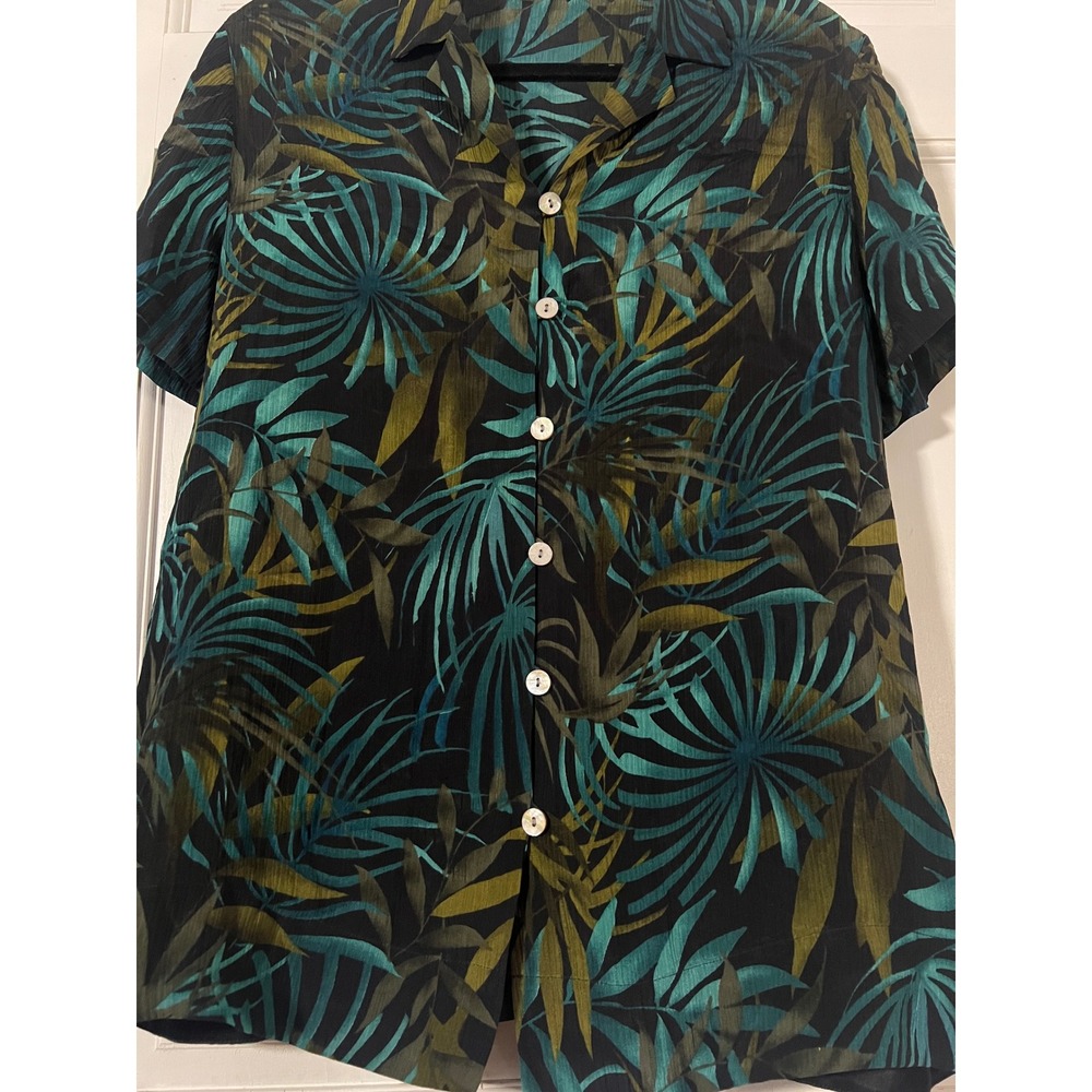 Amanda Smith Petites Silk Blouse PL Vintage Tropical Palm Print Green Black Vtg - Picture 2 of 5